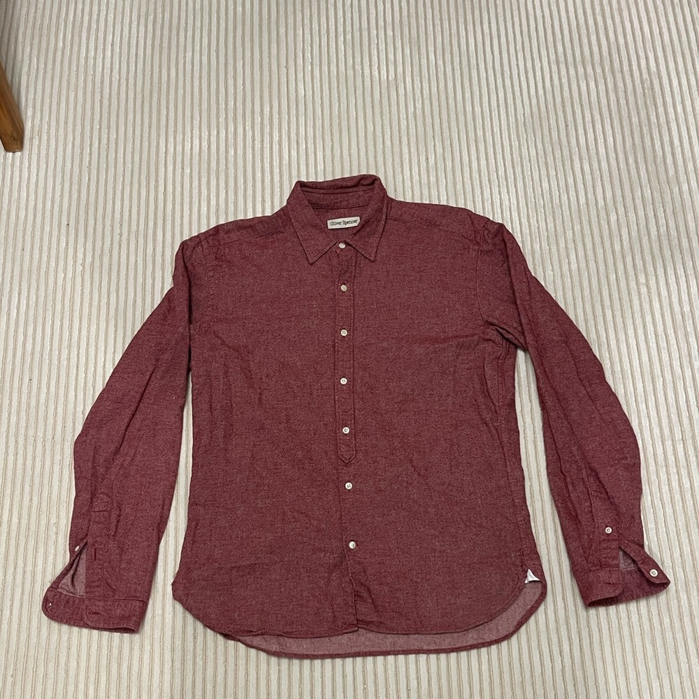 Oliver Spencer Brushed Woven Maroon Red Casual Button Down Shirt.